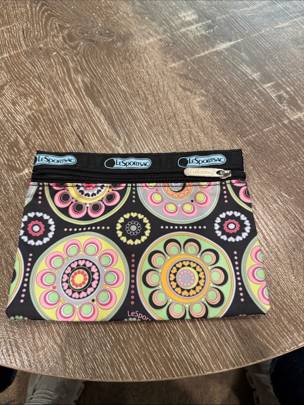 Lesportsac Black Floral Medallion Cosmetic Pouch with Pink & Yellow Accents